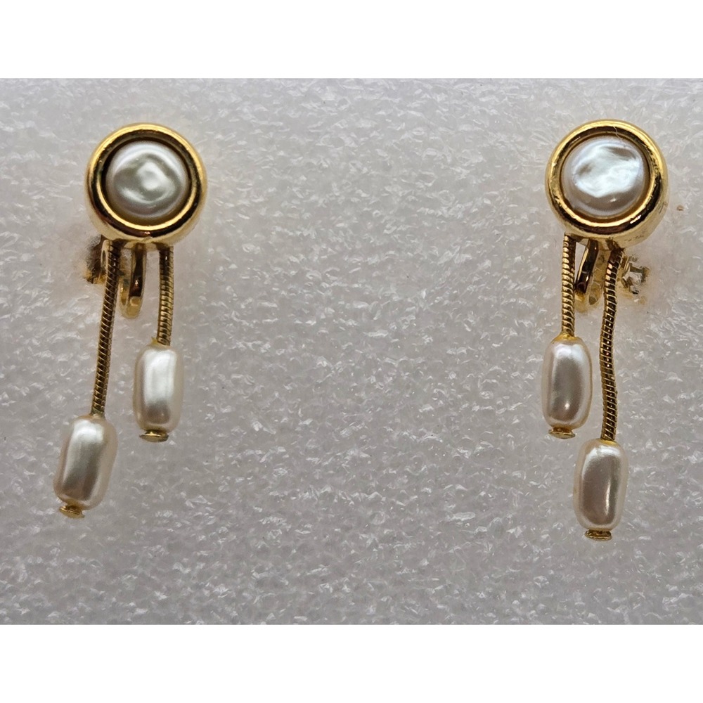 Pearl Faux Earrings Style Drop Dangle Gold Tone‎ Clip On Vintage Fashion Costume
